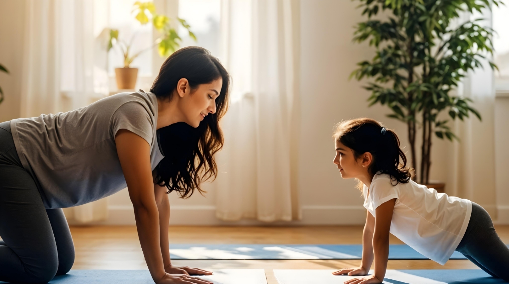 Mother and daughter practicing yoga together