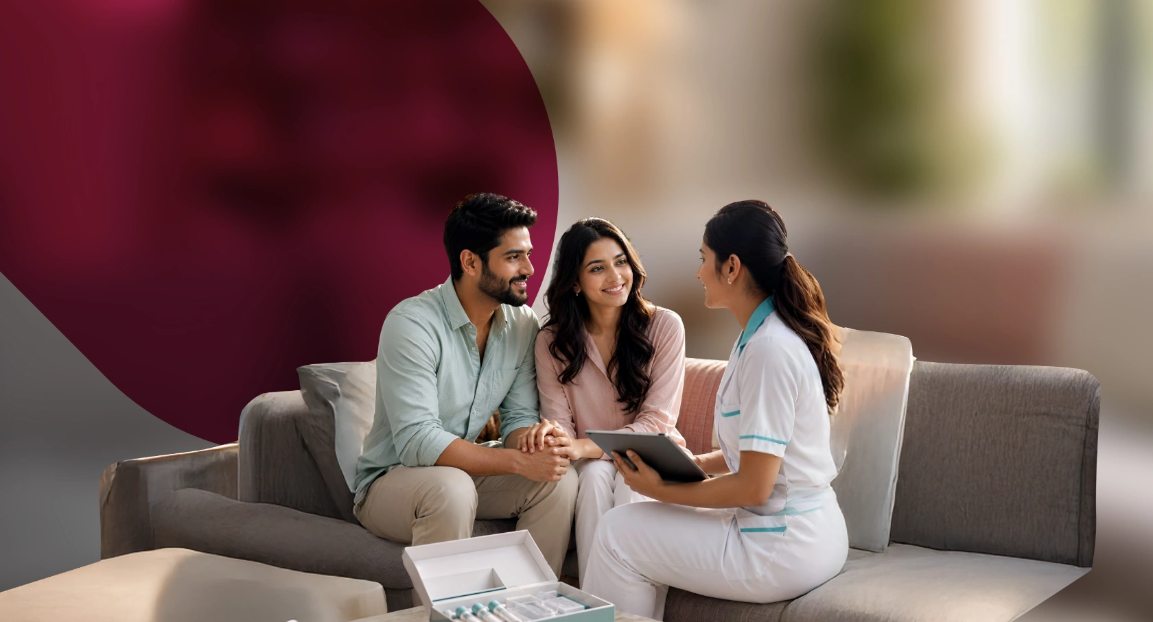 Couple consulting with a Nova fertility nurse at home